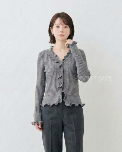 灰階V領荷葉邊修身羅紋針織上衣