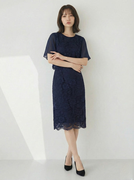 蕾絲層疊收腰荷葉袖蕾絲拼接雪紡洋裝