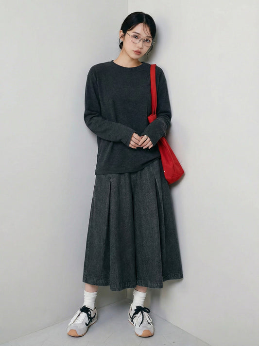 鬆緊高腰褶皺寬褲七分牛仔褲