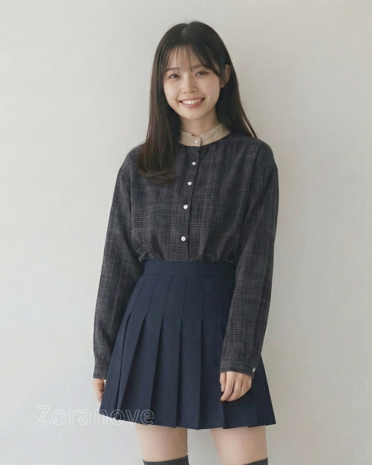 黑色千鳥格紋立領寬鬆長袖襯衫