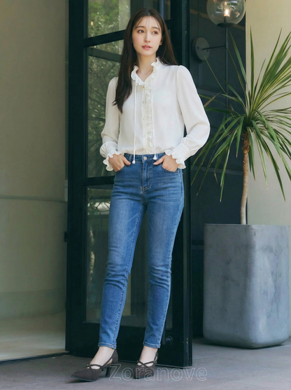 荷葉邊立領綁帶長袖襯衫