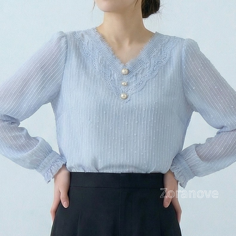 蕾絲V領珍珠鈕扣直條紋雪紡上衣