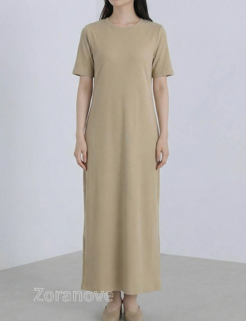 圓領短袖直筒垂墜感長版洋裝