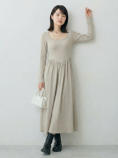 方領修身剪裁＋下擺大擺針織連身裙