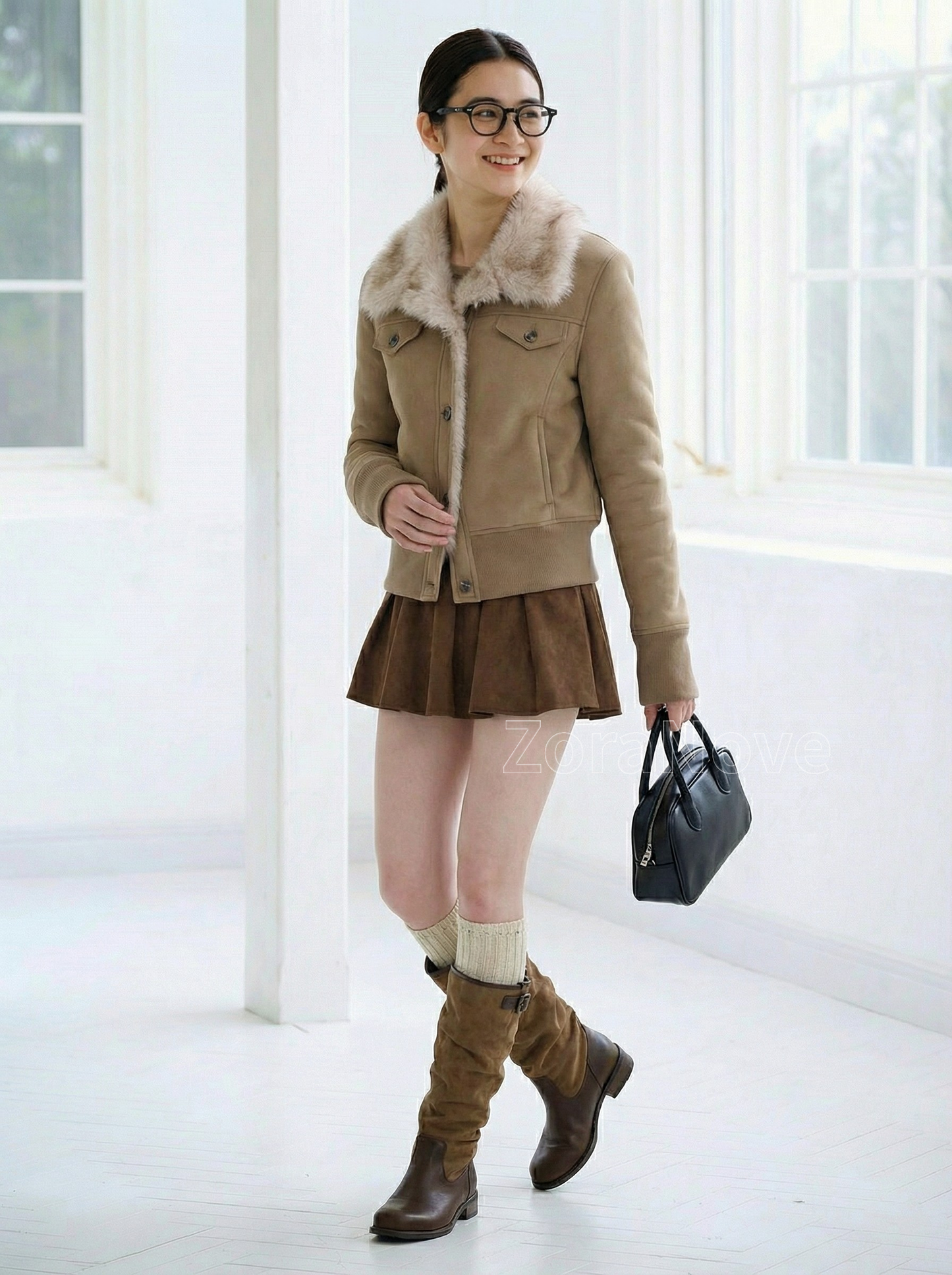 毛絨翻領短版收腰連帽衛衣外套