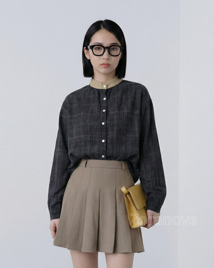 黑色千鳥格紋立領寬鬆長袖襯衫