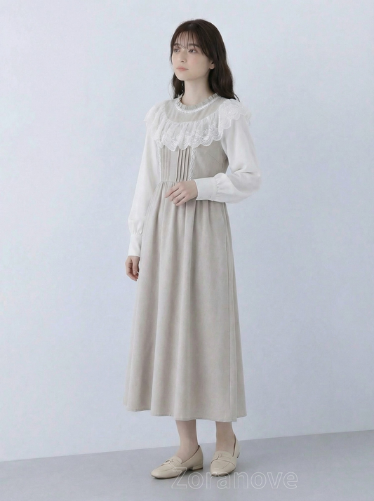 蕾絲荷葉領收腰A字假兩件長袖洋裝