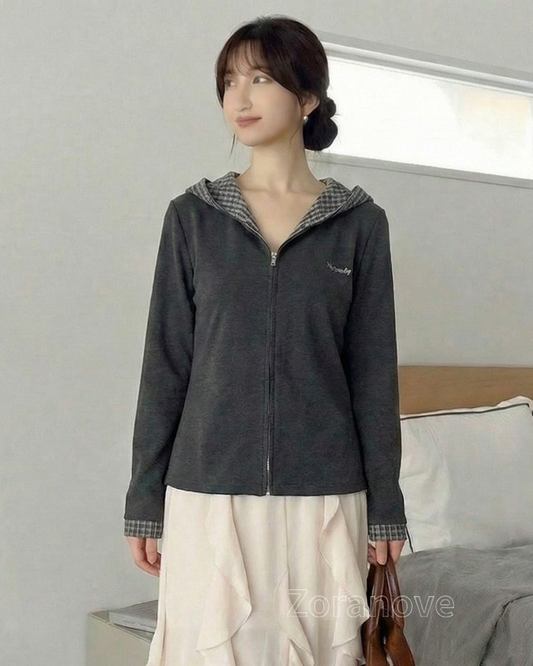 格紋拼接假兩件拉鍊連帽開襟衫