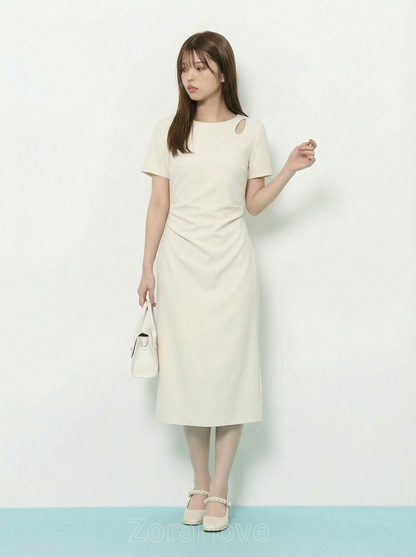 肩部鏤空收腰A字短袖洋裝