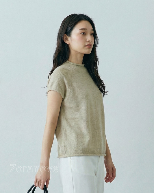 立領短袖針織T恤｜直筒寬鬆剪裁｜下擺與袖口捲邊設計