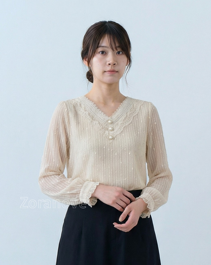 蕾絲V領珍珠鈕扣直條紋雪紡上衣