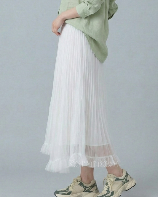 高腰鬆緊腰A字大擺網紗百褶半身裙