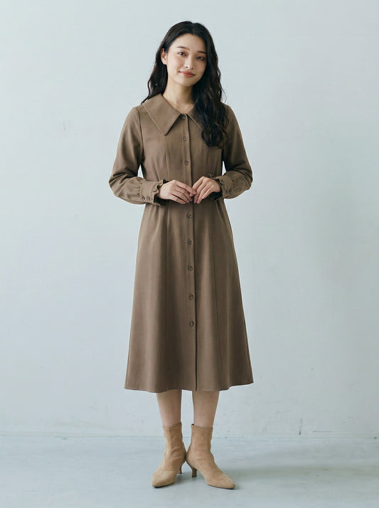 大翻領繫帶收腰襯衫洋裝