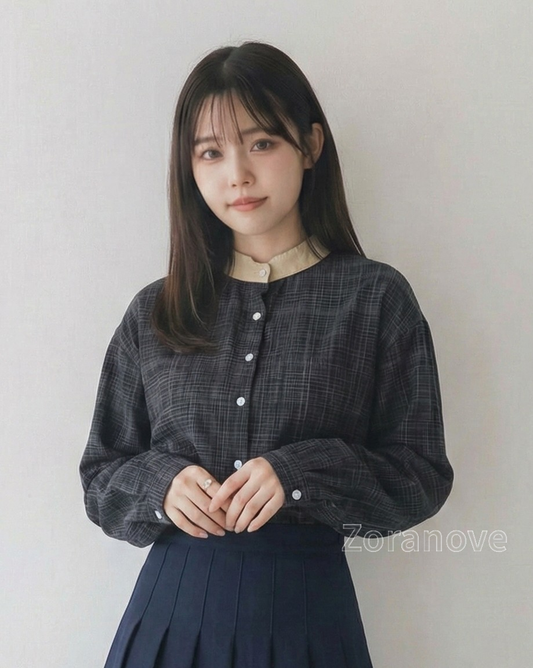 黑色千鳥格紋立領寬鬆長袖襯衫