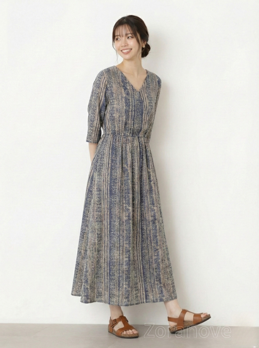 V領直條紋收腰長洋裝