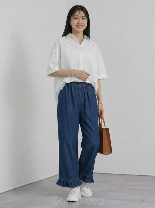鬆緊高腰荷葉邊牛仔寬褲