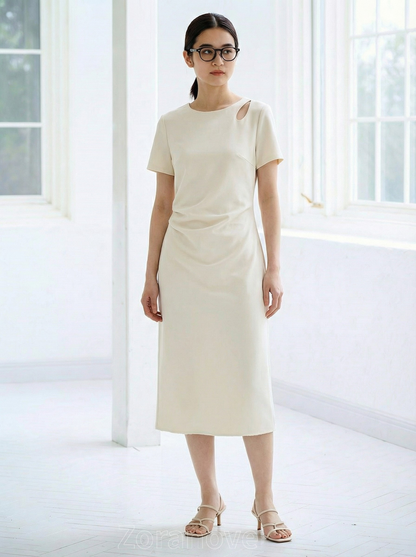 肩部鏤空收腰A字短袖洋裝