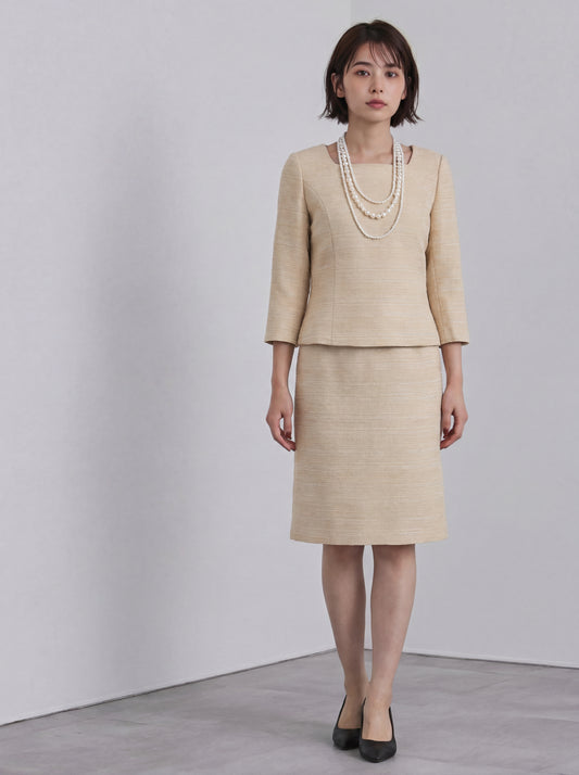 方領七分袖層次感連身裙套裝