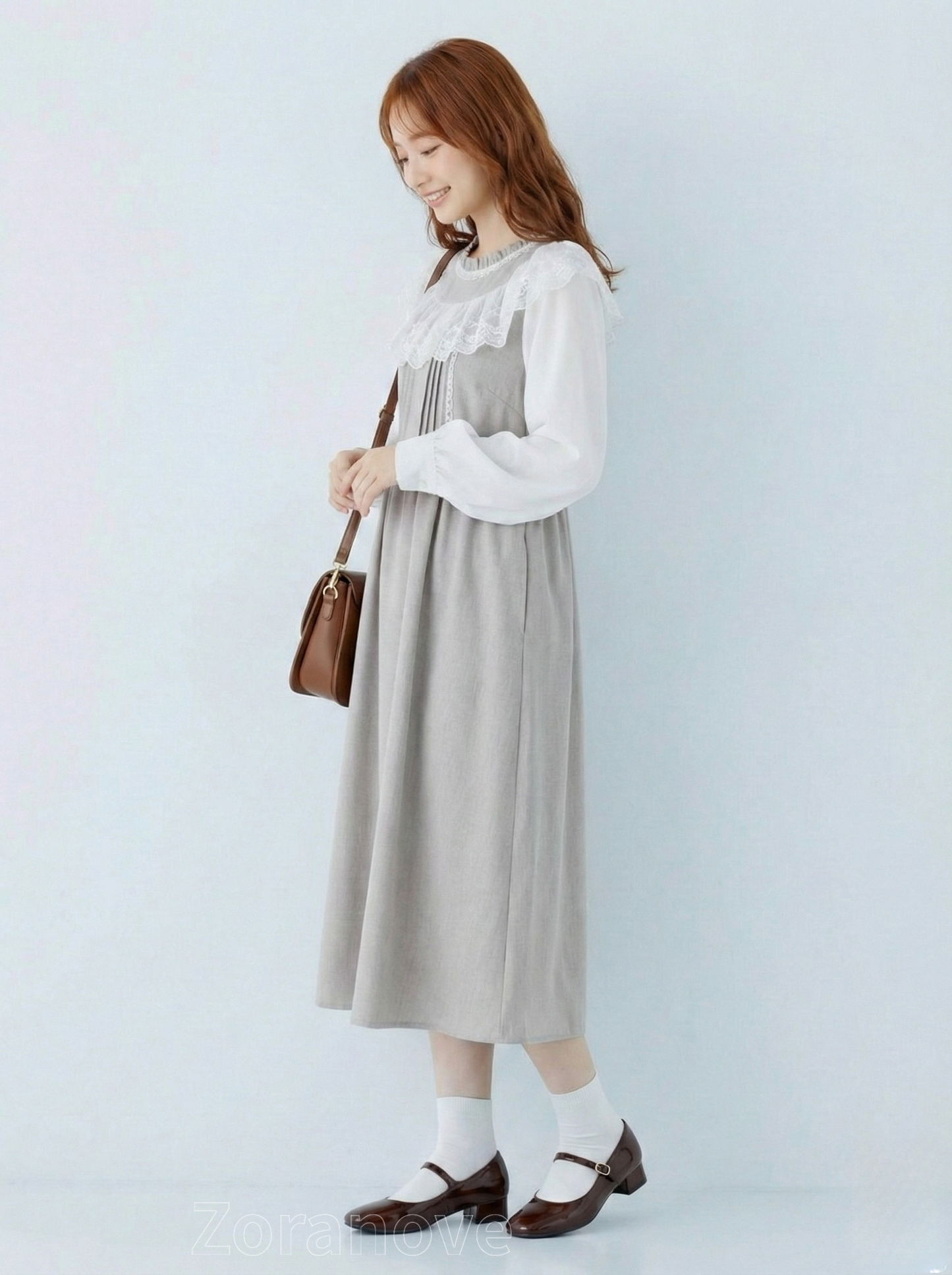 蕾絲荷葉領收腰A字假兩件長袖洋裝