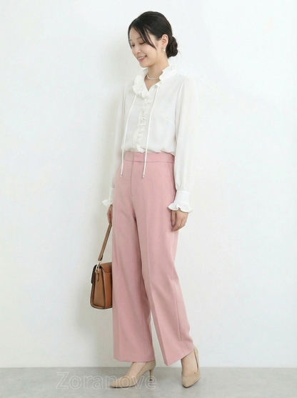 荷葉邊立領綁帶長袖襯衫