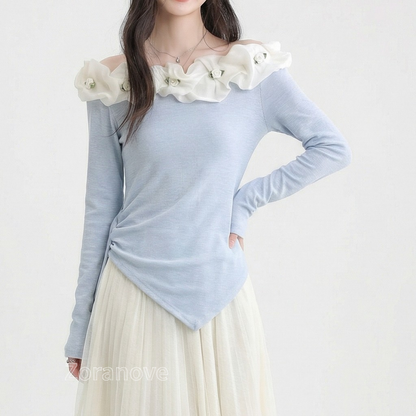 一字領立體蕾絲綁帶長袖T恤