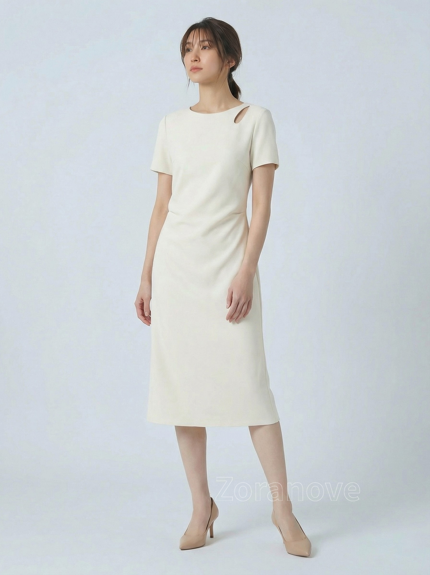 肩部鏤空收腰A字短袖洋裝