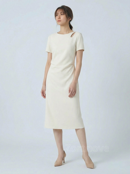 肩部鏤空收腰A字短袖洋裝