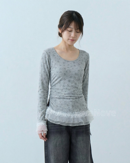 方領修身蕾絲拼接長袖T恤