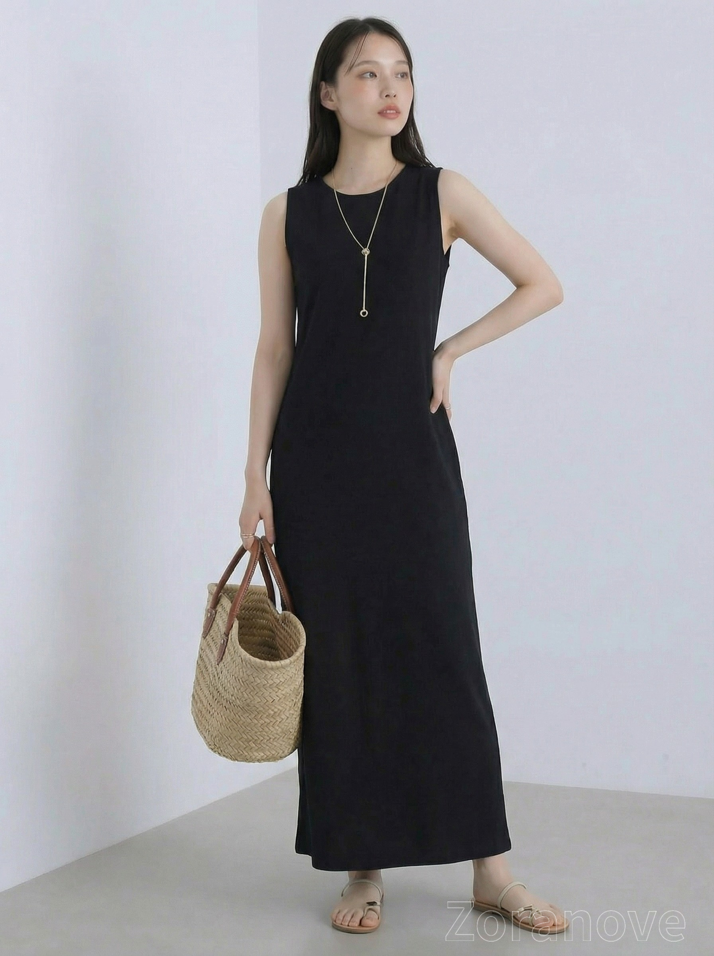 圓領短袖直筒垂墜感長版洋裝
