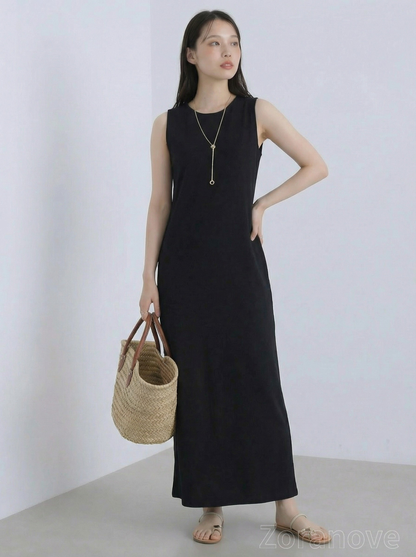 圓領短袖直筒垂墜感長版洋裝