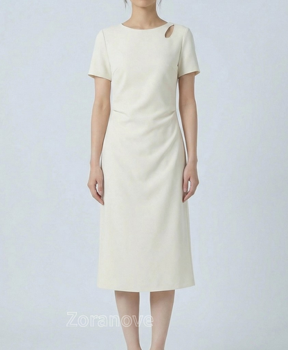 肩部鏤空收腰A字短袖洋裝