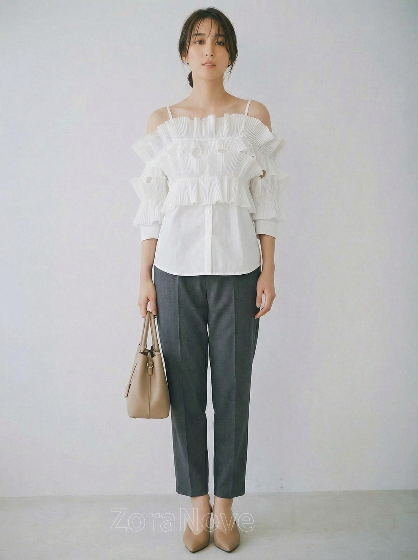 一字領荷葉褶層次感襯衫