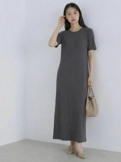圓領短袖直筒垂墜感長版洋裝