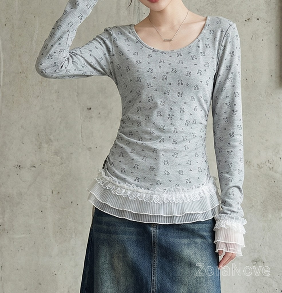 方領修身蕾絲拼接長袖T恤