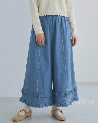 寶藍色高腰鬆緊腰褶邊闊腿長褲
