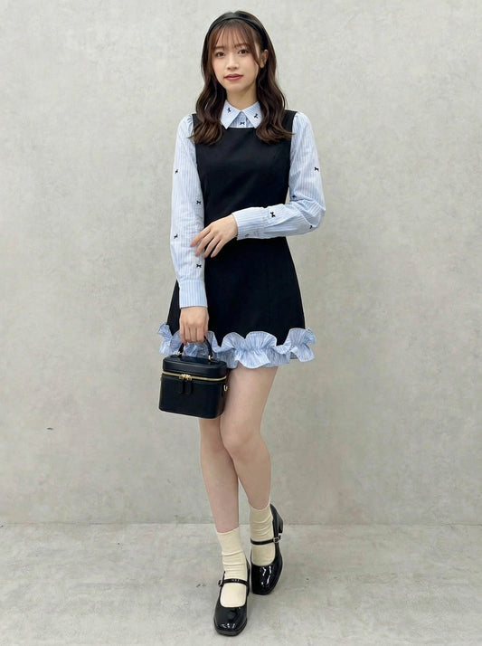 藍色細條紋襯衫拼接荷葉邊裙擺收腰顯瘦假兩件式連身洋裝