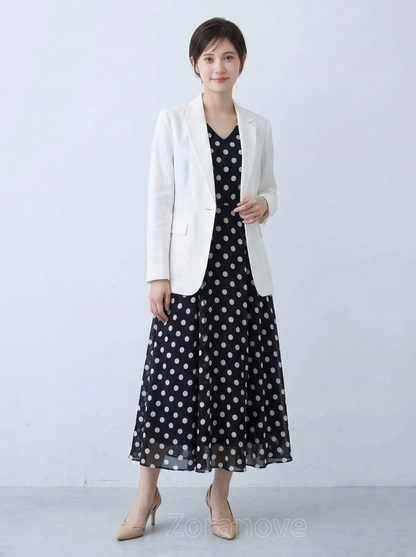 V領收腰大擺雪紡波點洋裝