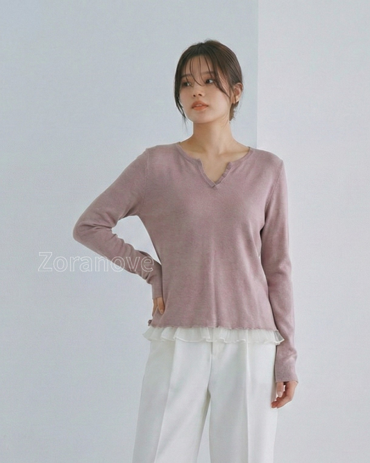 V領排扣拼接荷葉邊針織衫