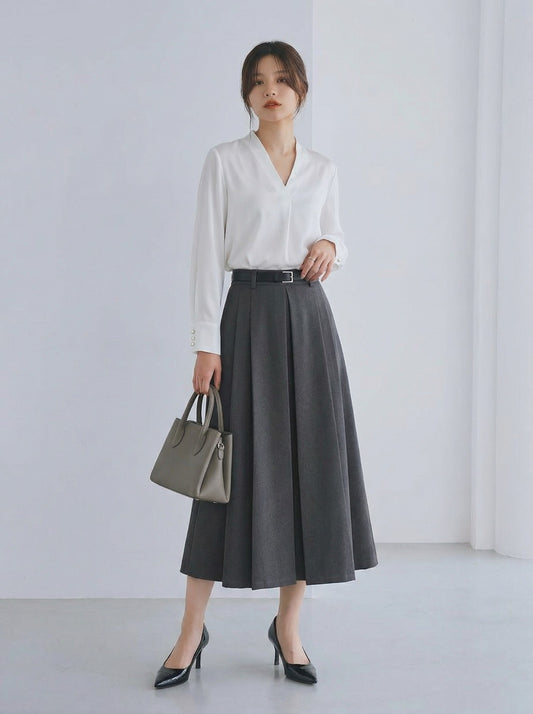 高腰腰帶設計 立體褶皺A字傘裙（中長版）