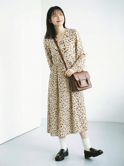 V領收腰長袖碎花洋裝