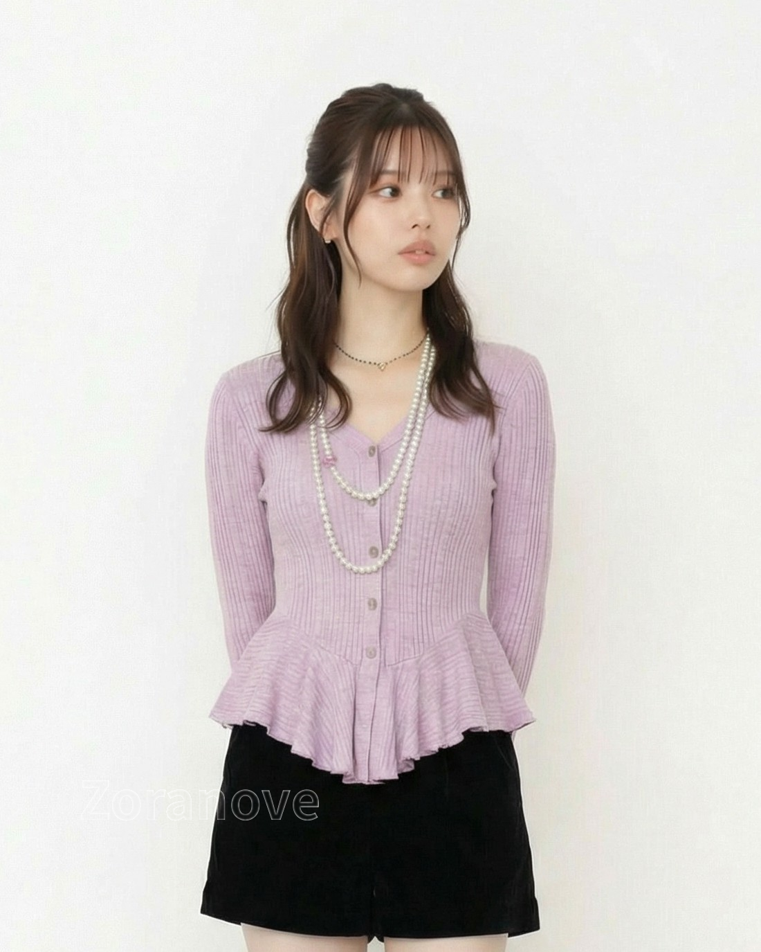 V領排釦收腰荷葉邊長袖T恤