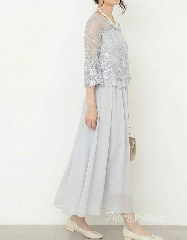 蕾絲罩衫拼接飄逸A字擺假兩件式中長洋裝