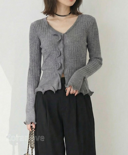 灰階V領荷葉邊修身羅紋針織上衣