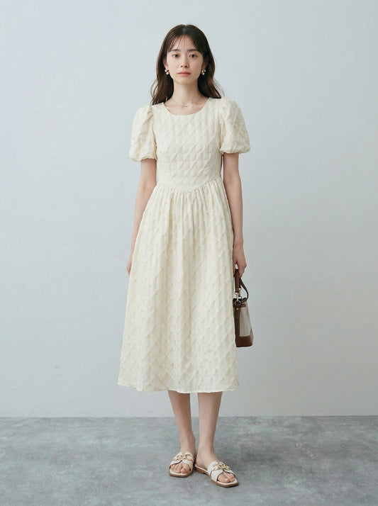 立體提花泡泡袖短袖收腰A字長裙