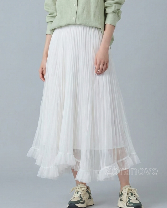 高腰鬆緊腰A字大擺網紗百褶半身裙