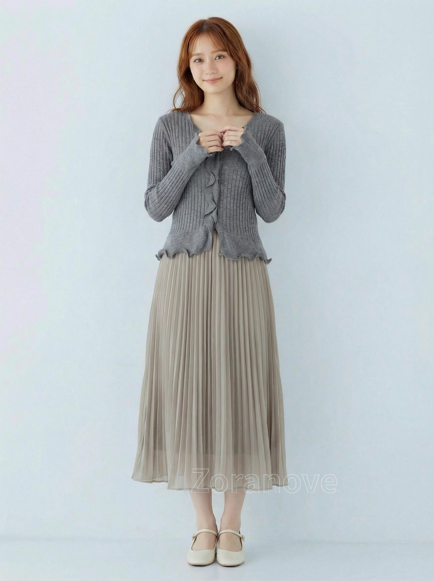 灰階V領荷葉邊修身羅紋針織上衣