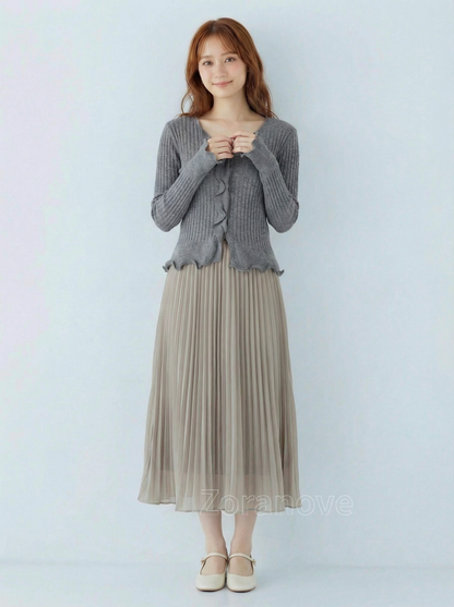 灰階V領荷葉邊修身羅紋針織上衣