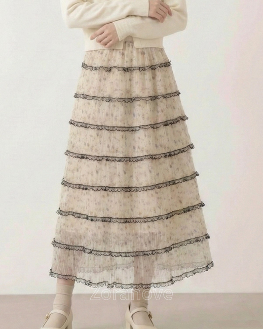 純白底色＋黑邊荷葉層次蛋糕裙（無袖半身裙）