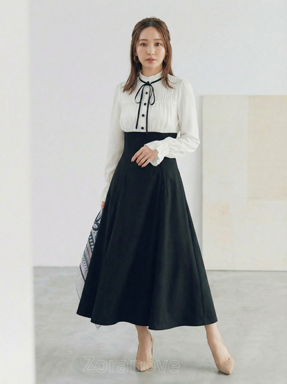 蝴蝶結立領拼接高腰收腰假兩件連身裙