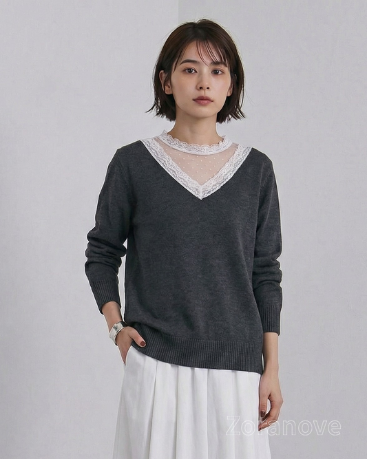 蕾絲V領修身針織上衣｜營造疊穿視覺效果